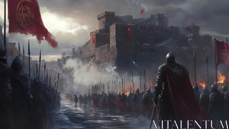 Armored medieval phalanx advances on fortress under stormy sky