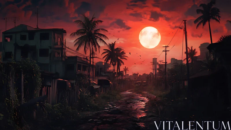 Blood-red dusk illuminates decayed tropical street in silhouette