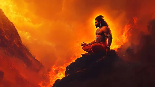 Mythic warrior meditates on rocky peak amid intense flames