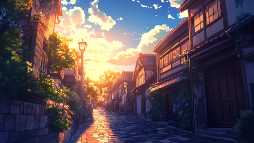 Sunlit cobblestone lane drifts into a painted summer sky.