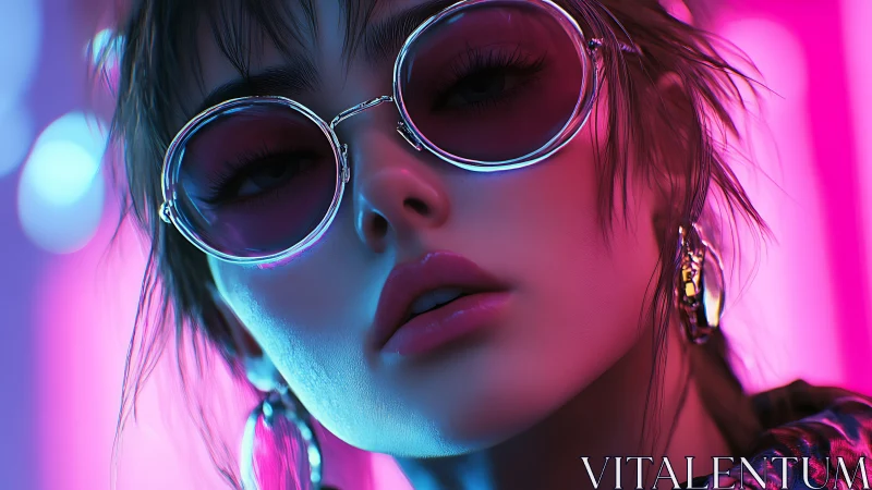 Portrait of woman with round sunglasses in neon light.