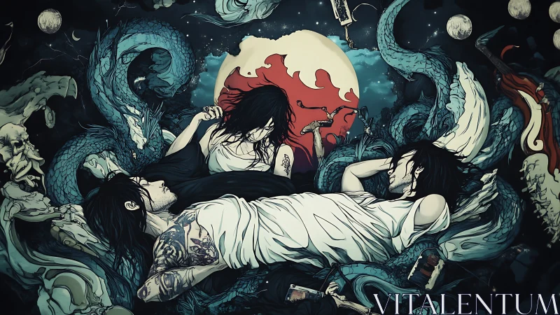 Dark surreal trio with serpents, moon and swirling chaos.