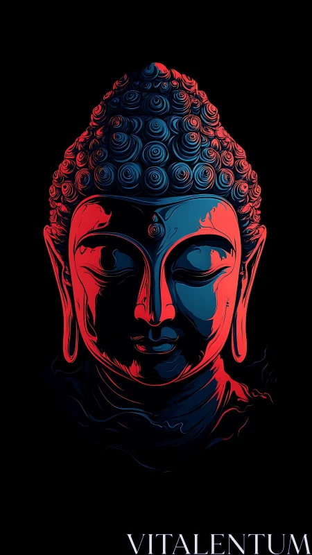 Neon-dual Buddha visage glowing in meditative midnight hush.
