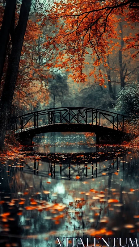 Autumn footbridge mirrored on a tranquil leaf‑strewn river.