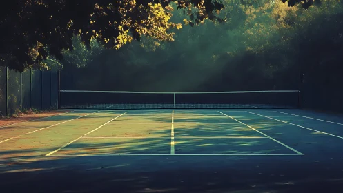 Sunlit empty tennis court under deep forest shade.