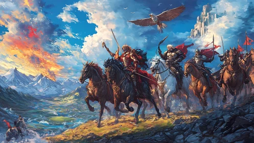 Armored riders charge toward burning valley sky.