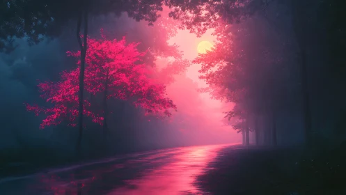 Neon Forest Path at Dawn with Pink Luminous Trees.