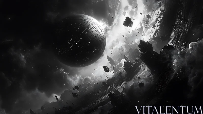 Silent metal moon drifting through shattered starlight.