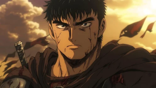 Battle-scarred warrior stares ahead under a burning sky