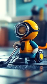 Tiny robot janitor polishes a glossy tiled floor indoors.