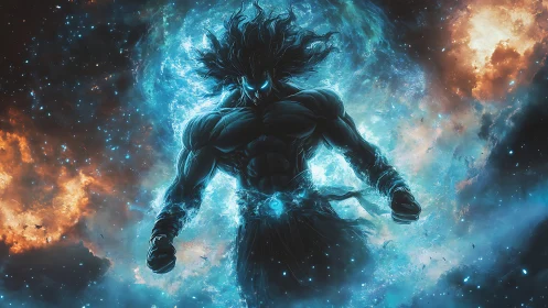 Cosmic warrior emerges from swirling nebula storm energy