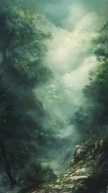 Misty Forest Canyon with Luminous Sky and Riverine Valley Formation.