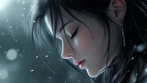 Snowlit reverie frames a serene girl in silvered stillness.