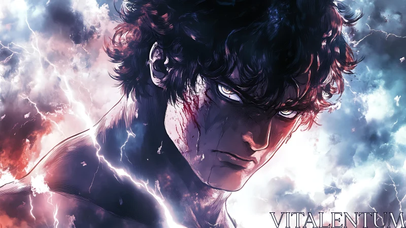 Storm-lit anime warrior with electric gaze and bloodstreaked face.