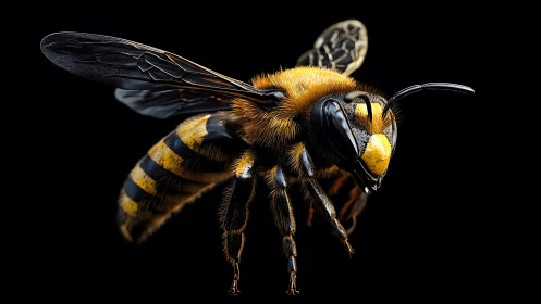 Golden bee rests in dramatic closeup against deep black