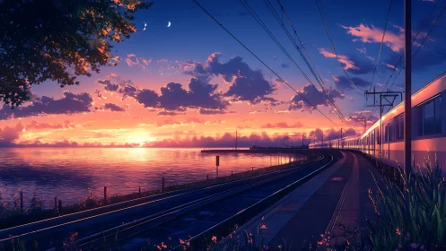 Twilight shoreline express bending into a neon-kissed horizon.