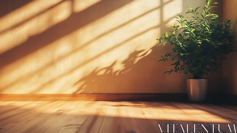 Sunlit corner with potted foliage and directional window shadows.