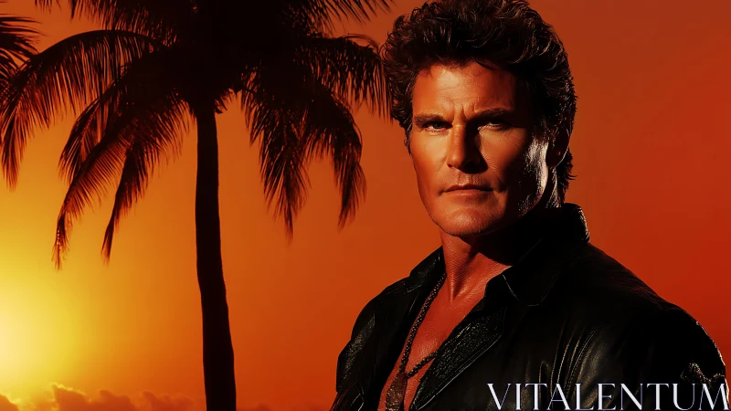 Cinematic male portrait against high-saturation tropical sunset sky