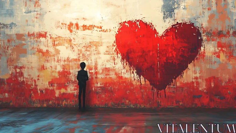 Solitary Figure Confronts Monumental Red Heart.