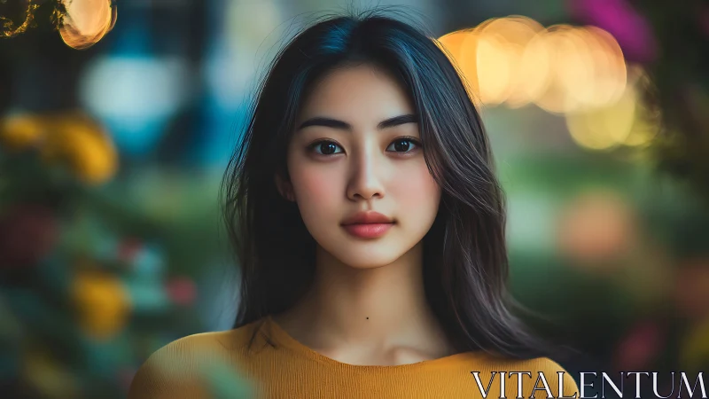 Soft evening portrait in dreamy garden bokeh light.