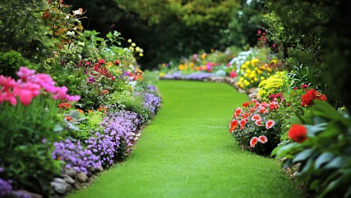 Colorful flower borders framing a neatly mown lawn path.