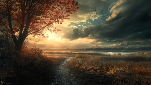Sunlit rural path beside wetland under dense cloud cover.