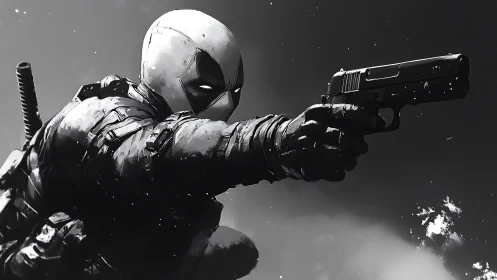 Masked vigilante poised in dynamic black and white showdown.