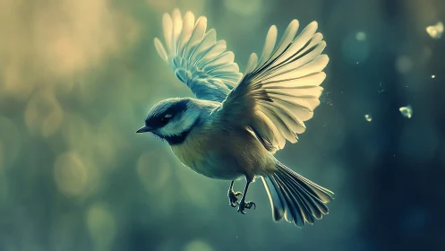 Songbird in Flight with Glowing Wings, Soft Focus Nature Art.