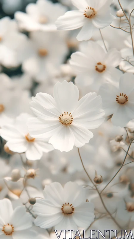 White Cosmos Flowers with Brown Seed Centers.