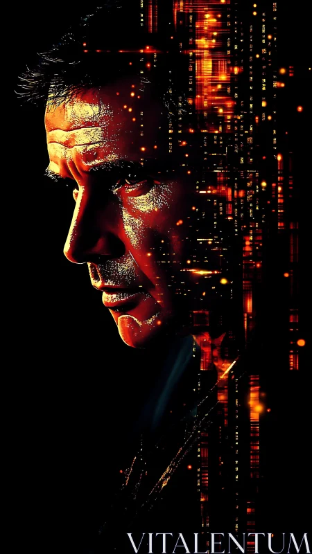 Cybernetic portrait merges human profile with data streams.