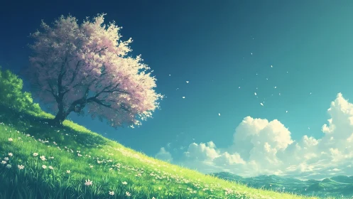 Digital painting of lone blossom tree on luminous hillside.