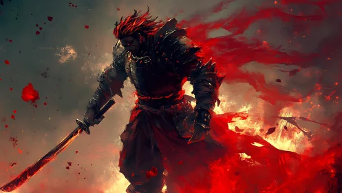 Armored fire warrior with bloodlit katana amid blazing embers