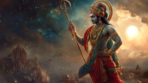 Divine warrior stands over luminous ancient temple city at dusk.