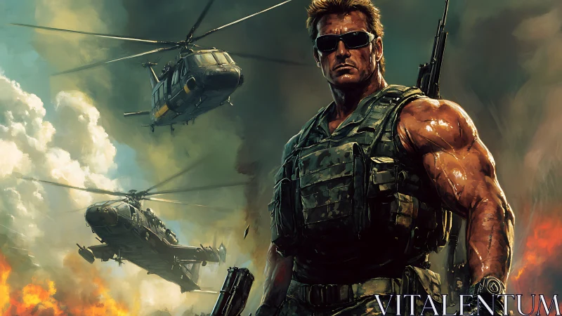 Battle-hardened commando stands amid blazing warzone skies.