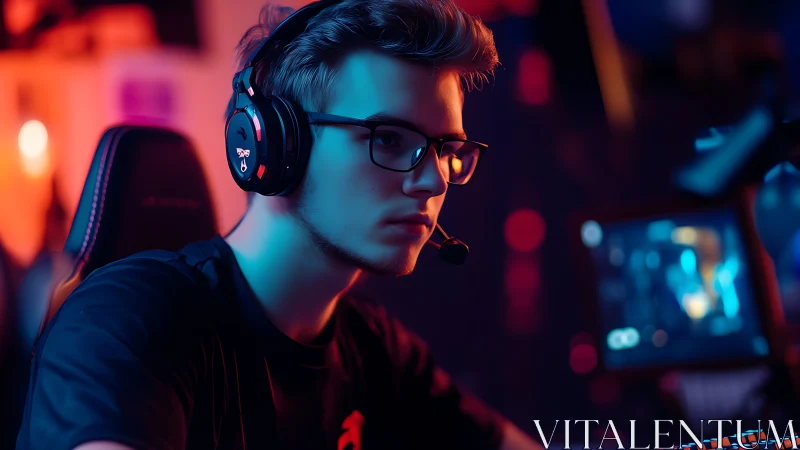 Focused gamer leans into an immersive neon lit streaming setup