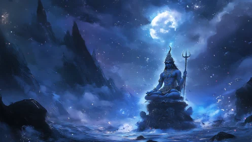 Celestial blue deity meditates beneath glowing lunar sky.