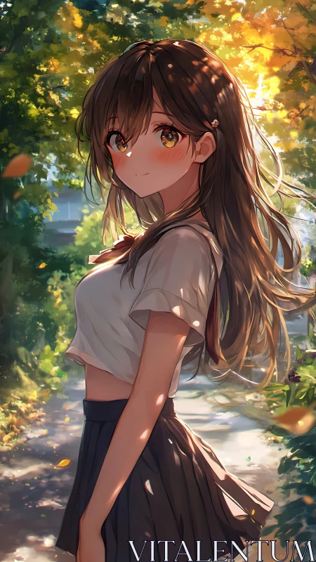 Golden hour stroll with a shy, sunlit anime friend.