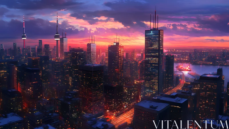 Sunset neon skyline over futuristic harbor metropolis.