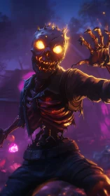 Lava-eyed skeletal zombie lunging in neon fog graveyard