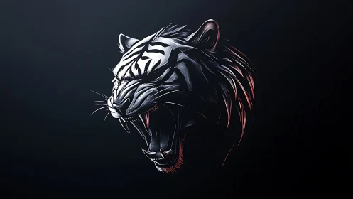 Stylized tiger head profile with open mouth on dark field.