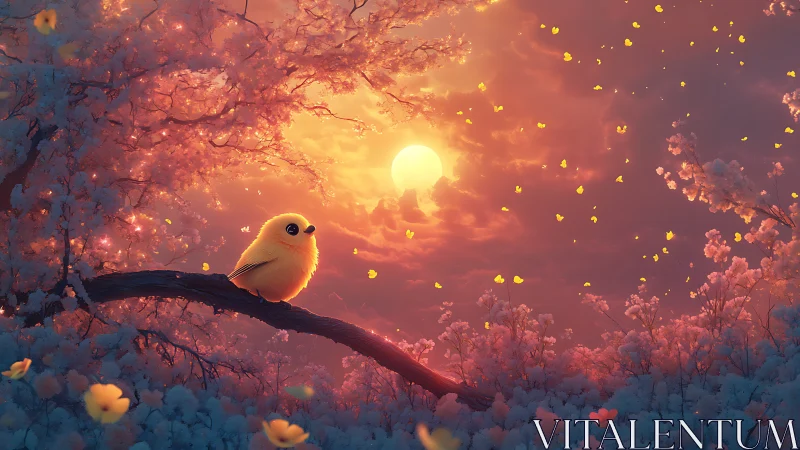 Small yellow bird sits on branch against stylized sunset sky