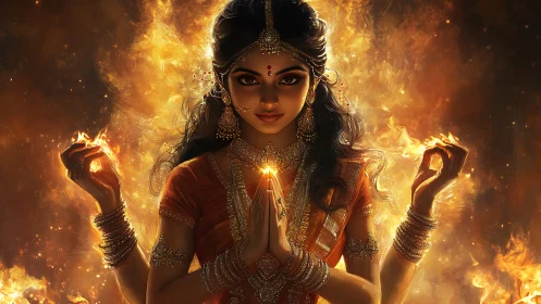 Fire-veiled goddess in molten gold and blazing serenity.