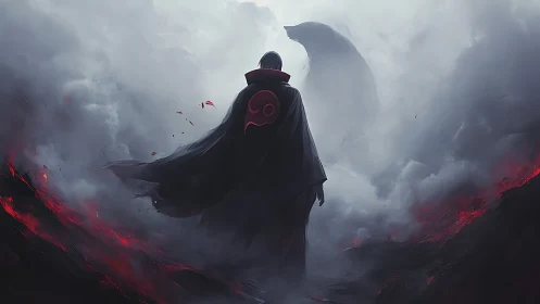 Dark cloaked figure faces looming spectral creature in fog