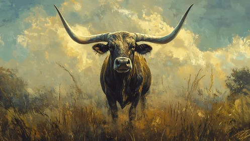 Majestic longhorn standing proud in glowing prairie light.