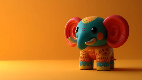 3D stylized elephant toy with vibrant folk-art ornamentation.