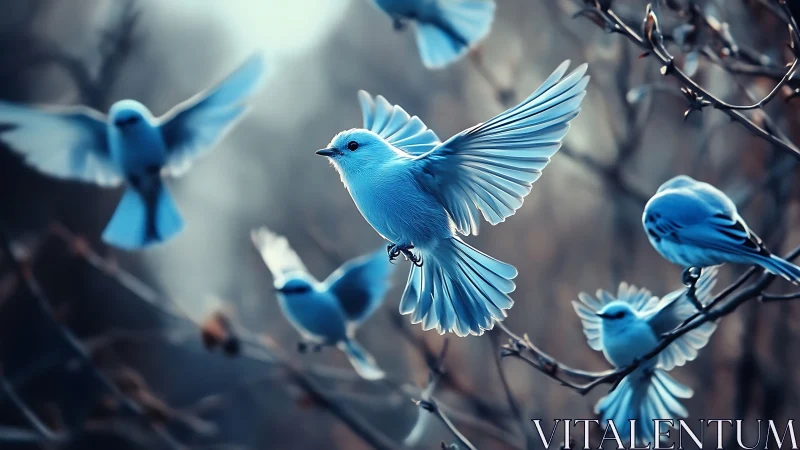 Flock of Blue Birds in Flight over Branches, Soft Focus Artwork.
