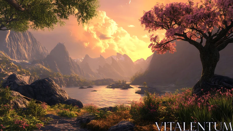 Sunlit alpine lake with volumetric clouds and blossom foreground