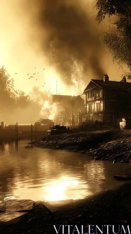 Architectural Tableau in Sepia: Waterfront Industrial Dawn.