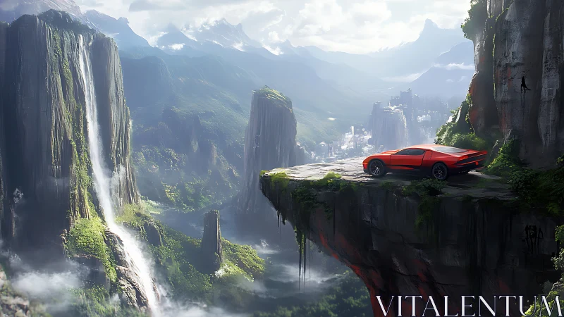 Red supercar poised on cliff ledge above misty waterfall valley.