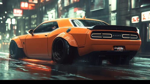 Neon rain crowns an orange muscle car prowling wet streets